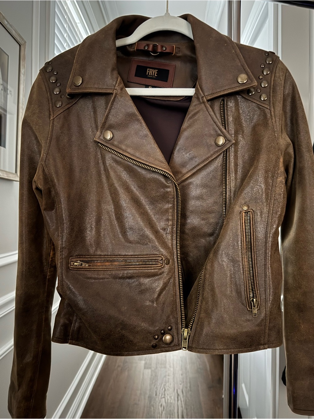 Frye Brown Studded Leather Moto Jacket